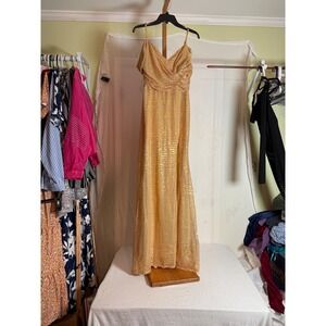 INEWER Gold Sequin Maxi Dress V-Neck Off-Shoulder Formal Evening Gown Size 8 NEW